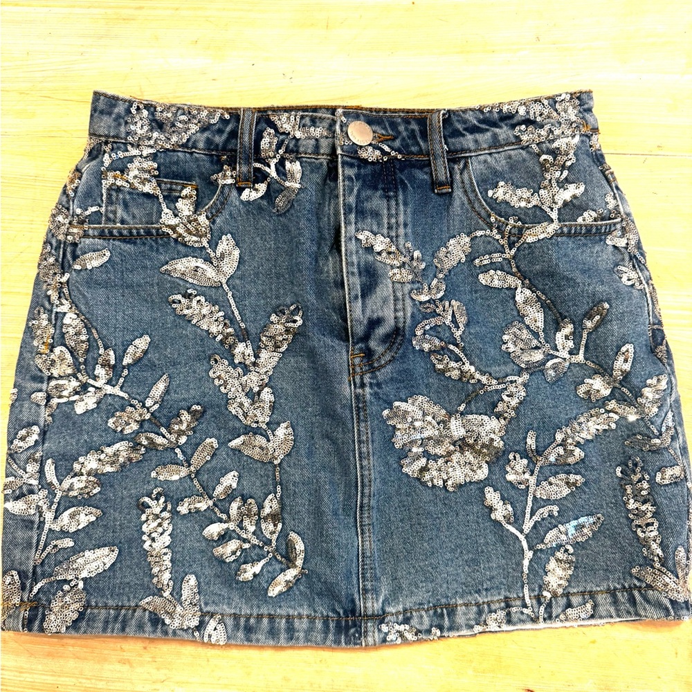 NWT!  Nasty Gal Denim Sequin Floral Mini Skirt - Blue